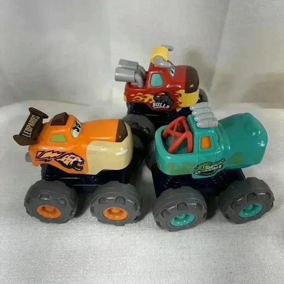 3 Monster Truck Toy Set: Friction Powered Pull, Back Push &Go Bull Gator Leopard - Picture 1 of 5